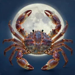 top - down crab with big fat claws, lunar crab god, water crown, full moon, lunar imagery, clawed crustaceans, digital oil painting by artgerm, greg rutkowski, mucha, masterpiece portrait | art nouveau. gloomhaven. ornate intricate detail, complimentary water tones. sharp edges. clear detailed. 8 k. elegance