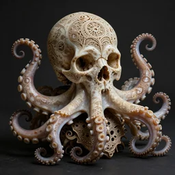 ornately carved rococo human skull octopus hybrid, delicate detailed scrimshaw pattern of occult symbols and fractal geometry, tentacles, chiaroscuro