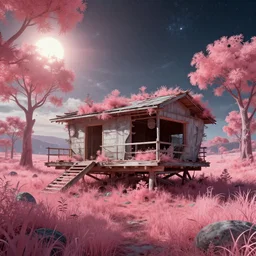 a beautiful hyperdetailed illustration of unfinished building nature tiny home by lee madgwick, galactic futuristic postcyberpunk meadow nature san andreas biopunk infrared morning sun reclaimed by nature at night extraterrestial, archdaily, wallpaper, highly detailed, trending on artstation.