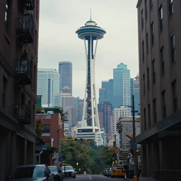a beautiful, sharp focus, and immaculate overcast futuristic seattle cityscape. view from an alleyway. vaporwave ombre rendering. outrun style. trending on artstation. recommended for you behance. by chris moore. by edward hopper. beeple colors. ambient occlusion. digital matte painting. metropolis filmic. gotham city.