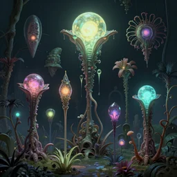 scientific botanical illustration of beautiful alien plants with glowing parts, with slimy tentacles, trending on artstation, by james jean and simon stalenhag and zdzisław beksinski, hyper realistic, raytracing, rendering, synthwave color scheme