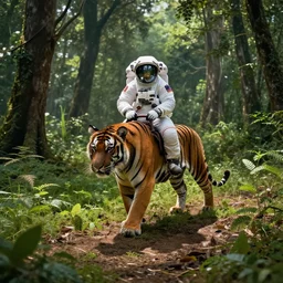 american astronaut in an indian forest riding a tiger, plants environment, wide angle, cinematic lighting, atmospheric, ultrarealistic, trending on artstation, cgsociety, highly detailed, color graded, in the style of craig mullins, rendered in Unreal Engine 4k HQ, shadow of the tomb rider