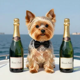 a Yorkshire terrier wearing a black bow tie on a yacht next to a bottle of champagne, extremely detailed masterpiece, illustration, by Michael Sowa,