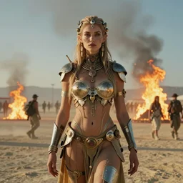 a centered photo of a post apocalyptic goddess at burning man festival playa, powerful, cinematic, beautifully lit, by artgerm, by craig mullins, by karol bak, 3 d, perfect face and body, trending on artstation, octane render, 8 k