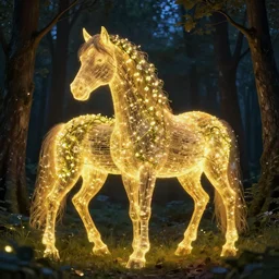 a stunning horse completely made of fireflies with a thick mane of bioluminescent vines and flowers running through the woods by greg rutkowski, high key lighting, volumetric light, digital art, highly detailed, fine detail, intricate, ornate, complex, octane render, unreal engine, photorealistic