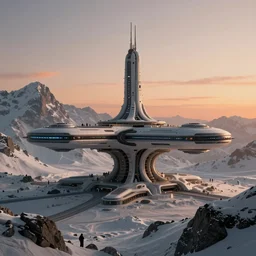 futuristic space station in the snowy mountains 3 d concept art, cinematic lighting, intricate details, building by zaha hadid, pastel orange sunset, emissary space by arthur haas and bruce pennington and john schoenherr, cinematic matte painting, dark moody monochrome colors, trending on artstation, featured on behance