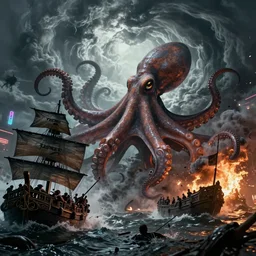 giant octopus attacking pirate ships, war, kraken, people drowning, dramatic swirling clouds, storm, smoke, fire, chaos, photo realistic, 8k, artstation, Blade runner, neon signs in the distance, dark, cinematic, high contrast, epic