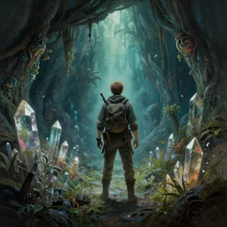an adventurer in a lovecraftian eldritch cave with crystals and plants. this airbrush painting by the award - winning concept artist has dramatic lighting, an interesting color scheme and great sense of depth.
