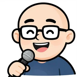 clip art of a man, balding, wearing glasses, big smile, holding a microphone