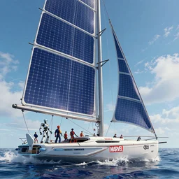 Marvel!!!!!!!! comic! style futuristic sailboat mid-journey with solar sails and a robot! captain! and crew, digital art, 8k