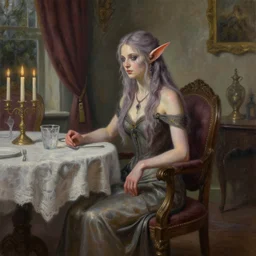 An archfey from the Feywild sitting in their dining room alone, 8k resolution, oil painting, highly detailed
