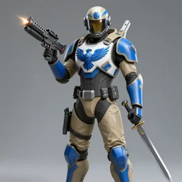 futuristic soldier with khaki and blue armor decorated with blue eagles holding laser blaster and sword, realistic
