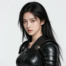 A realistic rendering of a girl warrior with long black hair, white background,  black leather Armor