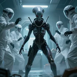 giger alien queen breaking out of cryo and fighting scientists. Sci-fi horror.