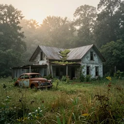 abandoned decrepit home and shed in the middle of a grassy clearing in the forest, slowly being reclaimed by nature. rusted vintage car under a leaky car port. fog, rain, volumetric lighting, beautiful, golden hour, sharp focus, ultra detailed, cgsociety - w 1 0 2 4 - n 8 - i