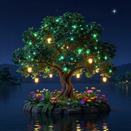 tree, overgrown, island, lake, flowers, lanterns, dark, night, stars, glowing, glitter, vibrant, hd, 4 k, detailed, digital art, octane render, trending on artstation