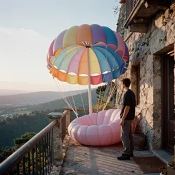 a grainy film photograph pov holiday maker on balcony in dream state alien world. pastel coloured inflatable parachute furniture on the balcony. stone architecture. ambient light. refraction. sunrise.