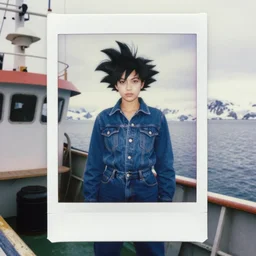 black - haired girl with wild spiky black saiyan hair wearing double denim, standing on an alaskan fishing vessel, 1 9 6 5, polaroid, kodachrome