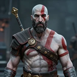 a photo still of walter white as kratos from god of war ~ portrait ~ medium shot ~ ektachrome ~ f / 2. 8