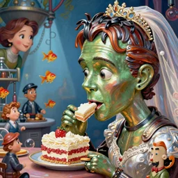 closeup profile face portrait of tin toy cara delevigne as bride of frankenstein eating cakes in the laboratory, nicoletta ceccoli, mark ryden, lostfish, max fleischer, detailed and intricate fairytale environment, hyper realistic, artstation, illustration, digital paint, matte paint, vivid colors, bright, cheerful,