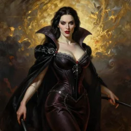 majestic gracious regal aristocratic female vampire portrait, atmospheric lighting, painted, curvy, tempestuous, menacing, intricate, volumetric lighting, beautiful, rich deep colours masterpiece, golden hour, sharp focus, ultra detailed, by leesha hannigan, ross tran, thierry doizon, kai carpenter, ignacio fernandez rios