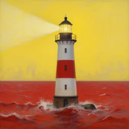 A beautiful painting of a singular lighthouse, shining its light across a tumultuous sea of red by Greg Rutkowski and Thomas Kinkade, Trending on artstation, yellow color scheme