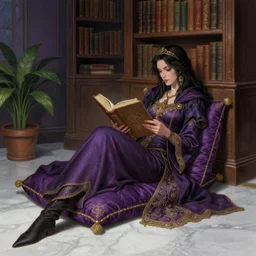 a detailed fantasy pastel portrait of a woman wizard in ornate clothing lounging on a purpur pillow on the marble floor in front of her bookcase in a room, reading an ancient tome. to the side is a potted plant, moody light. ancient retrofuturistic setting. 4 k key art. raytracing, perspective, by chie yoshii and yoshitaka amano.