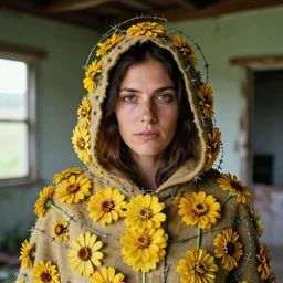 a closeup portrait of a woman wearing a hooded cloak made of zinnias and barbed wire, in a derelict house, by Manny Librodo, natural light, detailed face, CANON Eos C300, ƒ1.8, 35mm, 8K, medium-format print