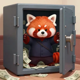 A Anthropomorphic Red Panda Thief opened the big safe from a bank and see all the money, Digital Art