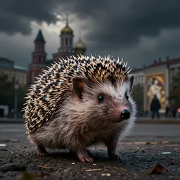 photorealistic render of a hedgehog in a city of minsk, by wlop, artgerm, greg rutkowski, alphonse mucha, beautiful dynamic dramatic dark moody lighting, shadows, cinematic atmosphere, artstation, concept design art, octane render, 8 k