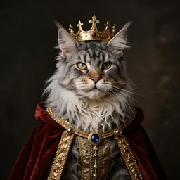 a renaissance style portrait of a maine coon wearing a crown and a cape, dark background