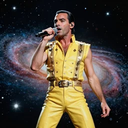 freddie mercury performing on planet mercury, galaxy background, high contrast, 8 0's portrait style