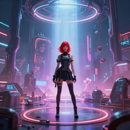 a centered render of a red hair girl in the middle of materverse and utopia, trending on artstation, cyber punk, futurism, unreal engine, high detailed, 8 k