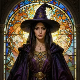 masterpiece head-on symmetrical centered painted portrait, Indian woman D&D Mage, wearing wizard robes, glowing stained glass backdrop, elegant, in the style of Ruan Jia and Artgerm and Edgar Maxence and Ross Tran and Alphonse Mucha and Ayami Kojima and Charlie Bowater and Greg Rutkowski and Karol Bak and Jean Delville, Art Nouveau, Pre-Raphaelite, Neo-Gothic, gothic, 8k, specular highlights, octane render