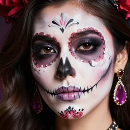 an extreme close up photo of a attractive, alluring, beautiful, gorgeous, Mexican female, in her early 20s, wearing sugar skull make up