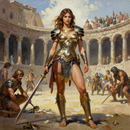 A mixed media painting of a beautiful woman warrior in a coliseum, gladiator armor, very aesthetic, curvy, detailed face and eyes, by Frank Frazetta, Boris Vallejo, Greg Rutkowski, Beeple, Yoko Taro, Christian MacNevin, epic fantasy character art, roman numerals, high fantasy, CGsociety, full length, exquisite detail, post-processing, masterpiece, cinematic, coliseum backdrop