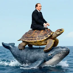 silvio berlusconi riding a galapagos turtle stacked above riding a whale