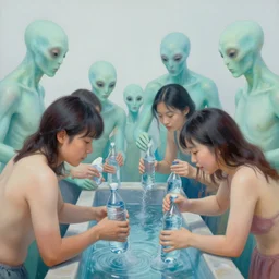 a group of people buy water from extraterrestrials, an ultrafine detailed painting by john philip falter, shutterstock, american scene painting, movie still, storybook illustration, poster art