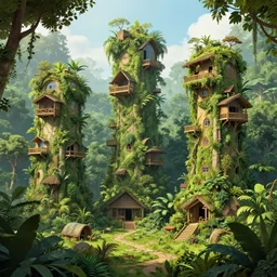 long and tall organic houses, village, jungle, artstation, digital art