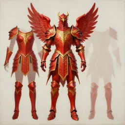 Frontal view of a set of armor, phoenix-inspired, full body, empty, ornamental, Red, Gold, wings, d&d, simple, fantasy, symmetry, Acrylic painting, trending on artstation, artstationHD, artstationHQ, cgsociety