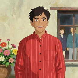 artwork by Michael Whelan, Bob Larkin and Tomer Hanuka, of a solo individual portrait of a happy Indian person with flowers wearing a 1920s red striped outfit, dapper, simple illustration, domestic, nostalgic, full of details, by Makoto Shinkai and thomas kinkade, wes anderson, wes anderson, wes anderson, wes anderson, wes anderson, Matte painting, trending on artstation and unreal engine