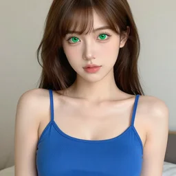 cute girl with green eyes and brown hair, wearing a sexy blue camisole, silver earring, in the style of greg rutkowski, silver and blue colors, anime artstyle, intricate