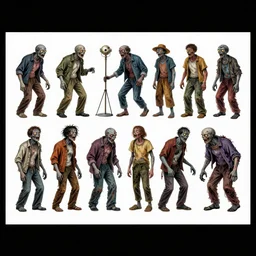 full page diagram of different zombies, lithographics, color, on white paper, labeled diagram, illustration, detailed, intricate, vector, vector aesthetics, comic book style, light watercolor aesthetic