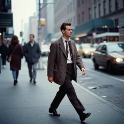 a 35mm photograph of a man walking down the street in New York City in the 1960's, bokeh, Canon 50mm, cinematic lighting, photography, retro, film, Kodachrome