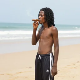 a 2 0 year old somali man, with long black curly hair, shirtless on the beach, smoking a cigar, wearing adidas track pants