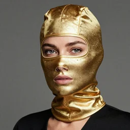 portrait of a woman wearing a gold balaclava, photo by annie leibovitz