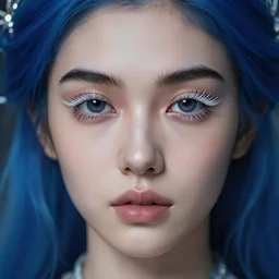 hd photograph of a pretty girl with blue hair, thick black eyebrows, long white eyelashes, close up portrait, skin texture, in the style of ilya kuvshinov, dramatic lighting, fantasy, intricate, elegant, highly detailed, lifelike, photorealistic, digital painting, bokeh, hdr, high resolution, unsplash, smooth, sharp focus, art by krenz cushart and albert aublet