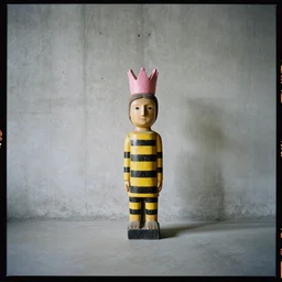 kodak portra 4 0 0, 8 k, shot of a highly detailed, britt marling style, colour still - life portrait of a large minimalistic room, rough concrete walls, the rough carved wooden statue of a yellow black striped little man with pink crown on his head, muted colours
