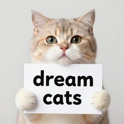 realistic high quality photo of a cute cat holding a sign with text that reads :!!!!!!!!!!!!!!!! dream cats!!!!!!!!!!!!!!!!, text dream cats