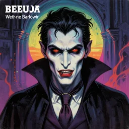 Hyperdetailed psychedelic horror fantasy portrait of a vampire by Wayne Barlowe and Beeple, vivid color, album cover,